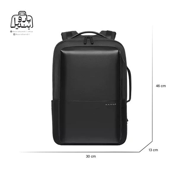 تصویر اختصاصی از نمای جلوی کوله بنج کد s53 در رنگ مشکی همراه با سایزبندی