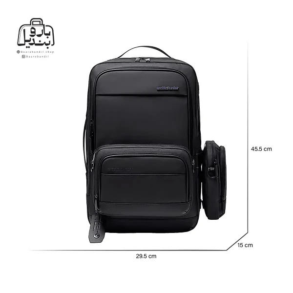 تصویر اختصاصی از نمای جلوی کوله‌پشتی آرکتیک هانتر کد B00483 در رنگ مشکی همراه با سایزبندی