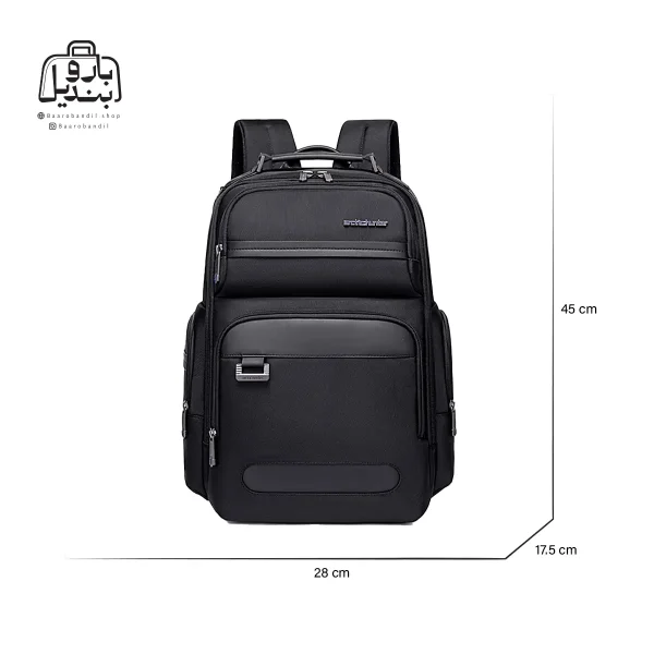 تصویر اختصاصی از نمای جلو و پهلوی کوله‌پشتی آرکتیک هانتر کد B00492 در رنگ مشکی با سایزبندی