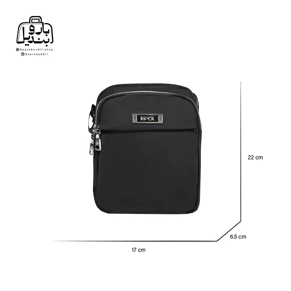 تصویر اختصاصی از نمای جلوی کیف زنانه دوشی ایپول کد 6026-03 در رنگ مشکی همراه با سایزبندی