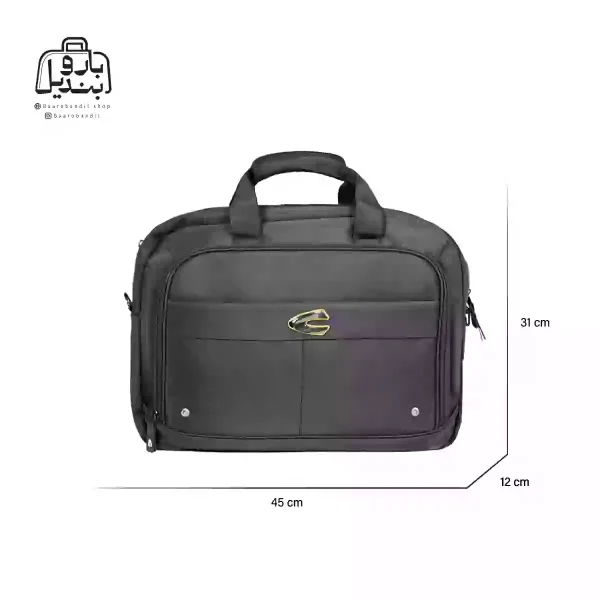 تصویر اختصاصی از نمای جلوی کیف دستی لپ‌تاپی کمل کد A107 در رنگ مشکی همراه با سایزبندی